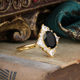 3CT Oval Cut Black Onyx Halo Engagement Ring for Women